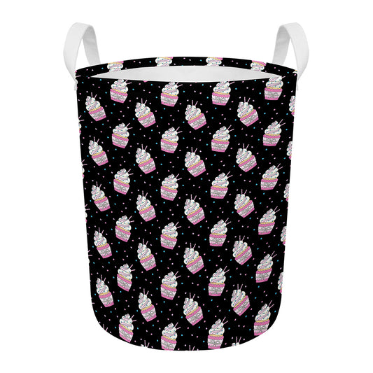 Pink Cupcake Pattern Print Round Laundry Basket