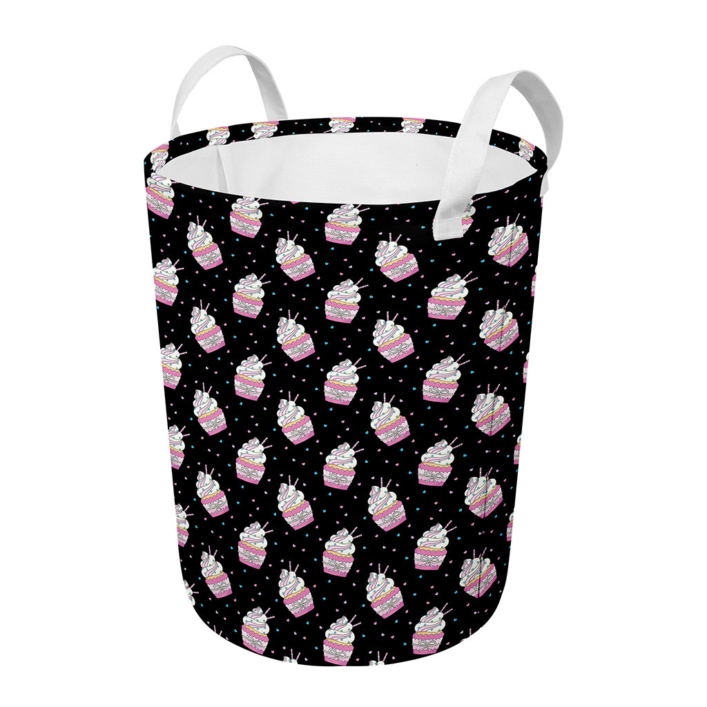 Pink Cupcake Pattern Print Round Laundry Basket