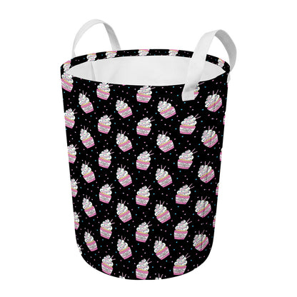 Pink Cupcake Pattern Print Round Laundry Basket