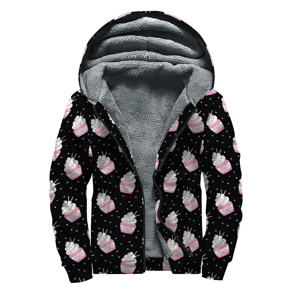 Pink Cupcake Pattern Print Sherpa Lined Zip Up Hoodie