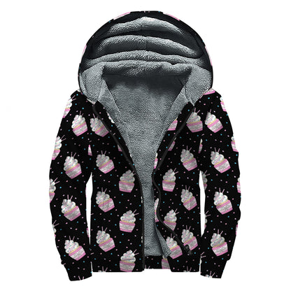 Pink Cupcake Pattern Print Sherpa Lined Zip Up Hoodie