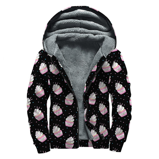 Pink Cupcake Pattern Print Sherpa Lined Zip Up Hoodie