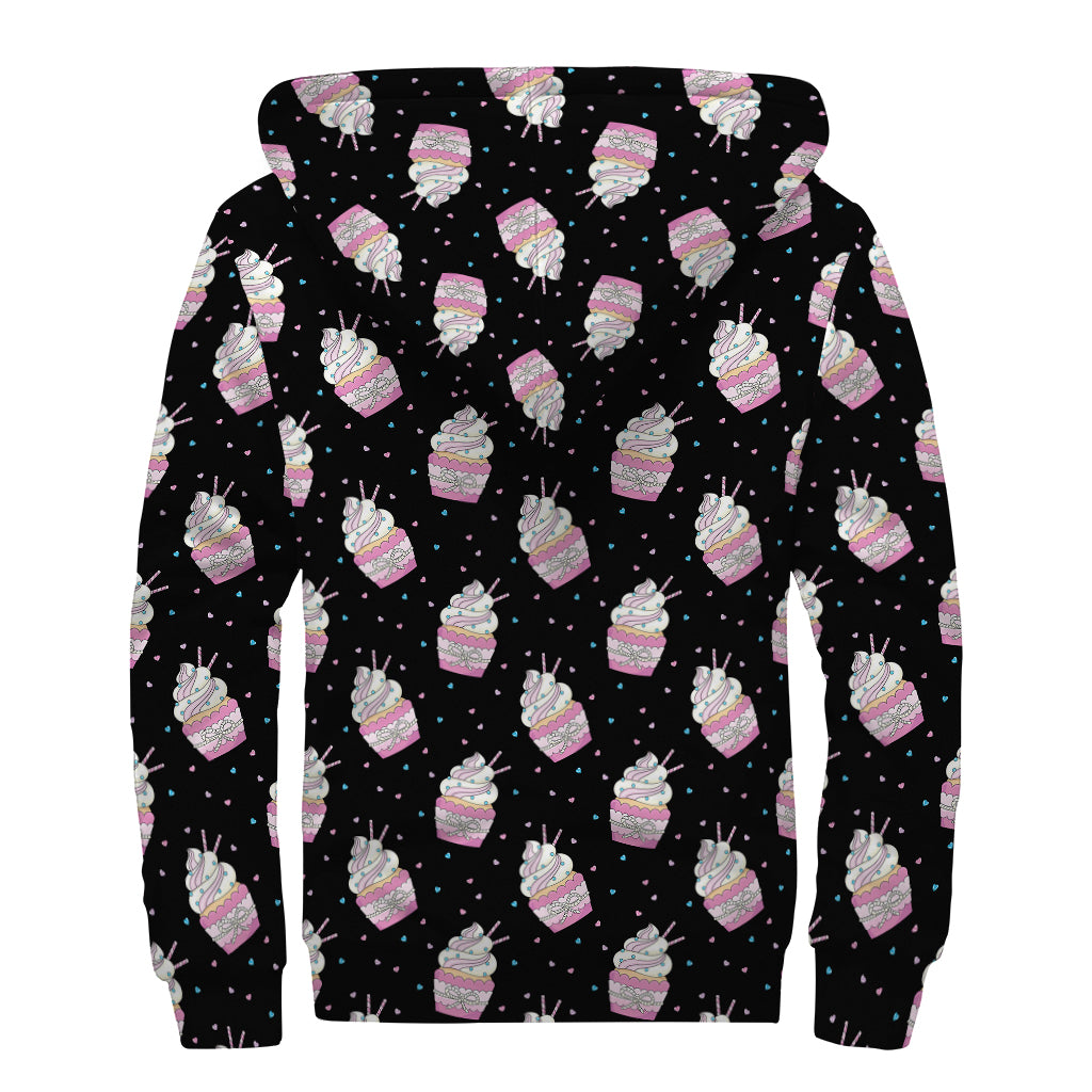 Pink Cupcake Pattern Print Sherpa Lined Zip Up Hoodie