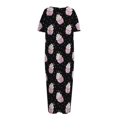 Pink Cupcake Pattern Print Short Sleeve Long Nightdress