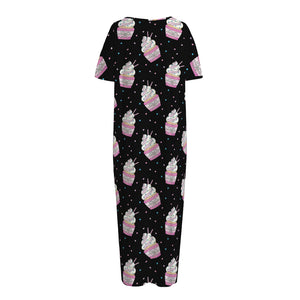 Pink Cupcake Pattern Print Short Sleeve Long Nightdress