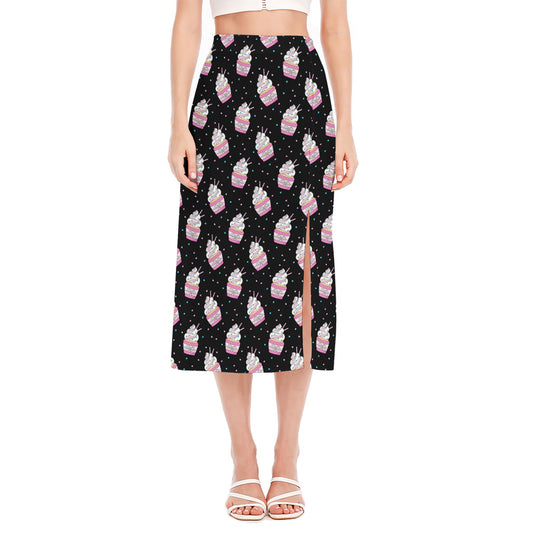 Pink Cupcake Pattern Print Side Slit Midi Skirt