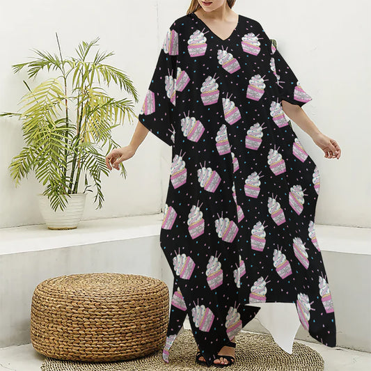 Pink Cupcake Pattern Print Silk V-Neck Kaftan Dress