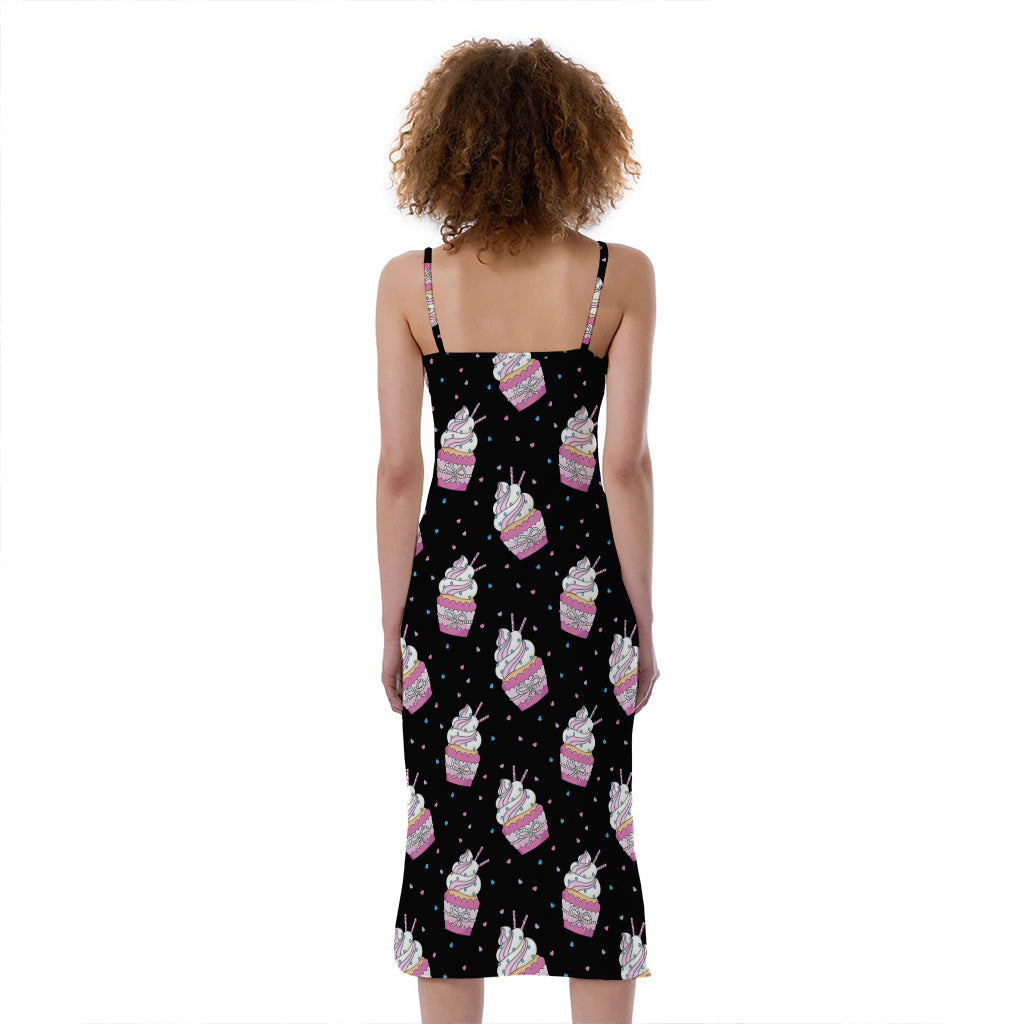 Pink Cupcake Pattern Print Slim Fit Midi Cami Dress