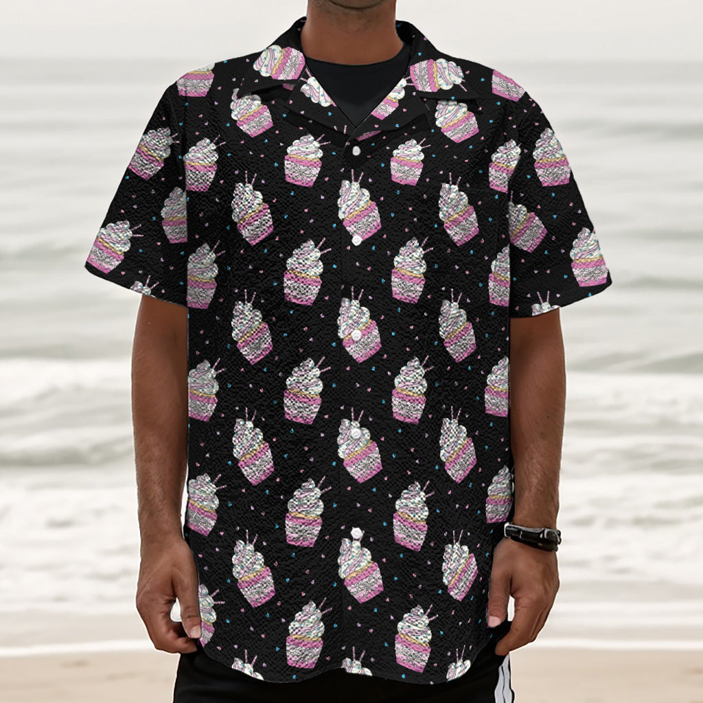 Pink Cupcake Pattern Print Textured Short Sleeve Shirt