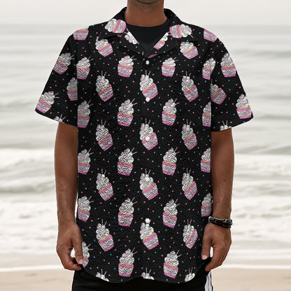 Pink Cupcake Pattern Print Textured Short Sleeve Shirt