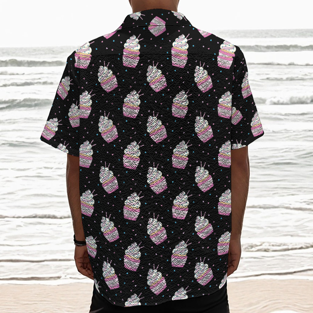 Pink Cupcake Pattern Print Textured Short Sleeve Shirt