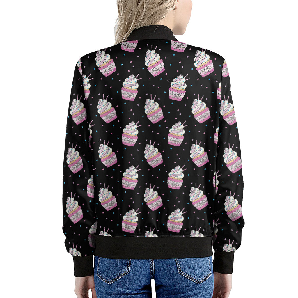 Pink Cupcake Pattern Print Women's Bomber Jacket