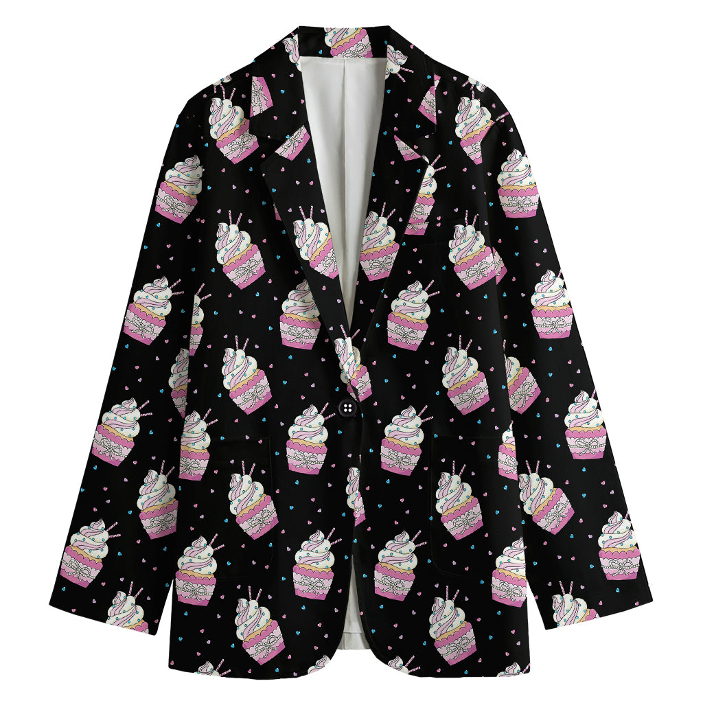Pink Cupcake Pattern Print Women's Cotton Blazer