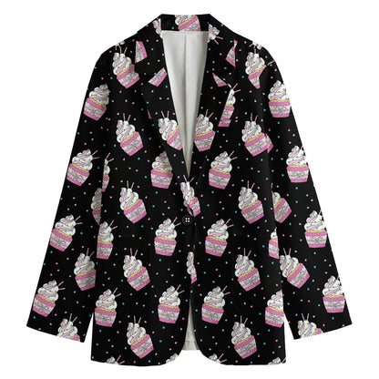 Pink Cupcake Pattern Print Women's Cotton Blazer