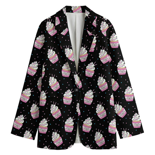 Pink Cupcake Pattern Print Women's Cotton Blazer