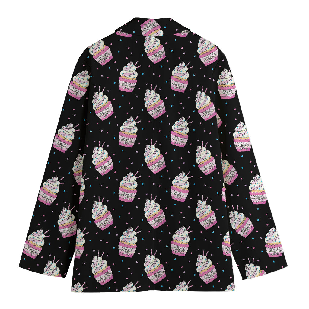 Pink Cupcake Pattern Print Women's Cotton Blazer