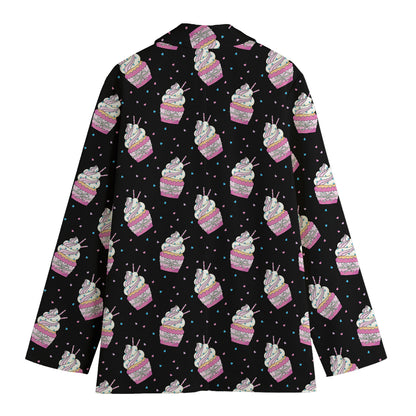 Pink Cupcake Pattern Print Women's Cotton Blazer