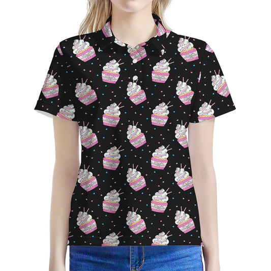 Pink Cupcake Pattern Print Women's Polo Shirt