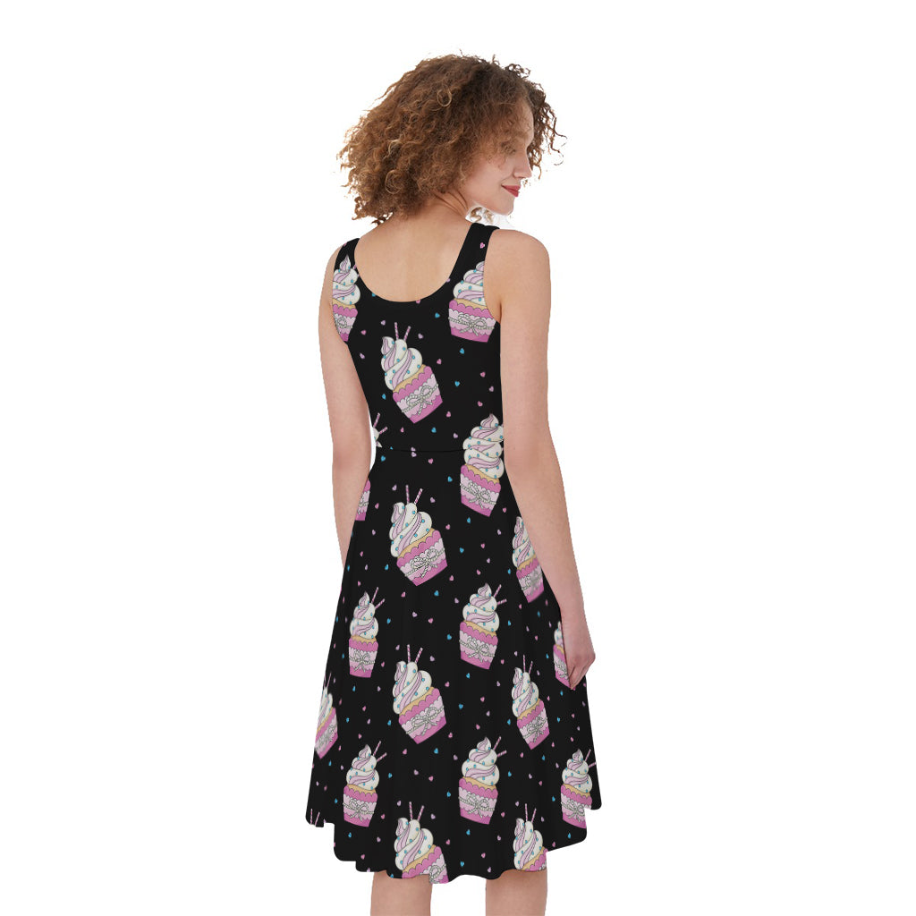 Pink Cupcake Pattern Print Women's Sleeveless Dress