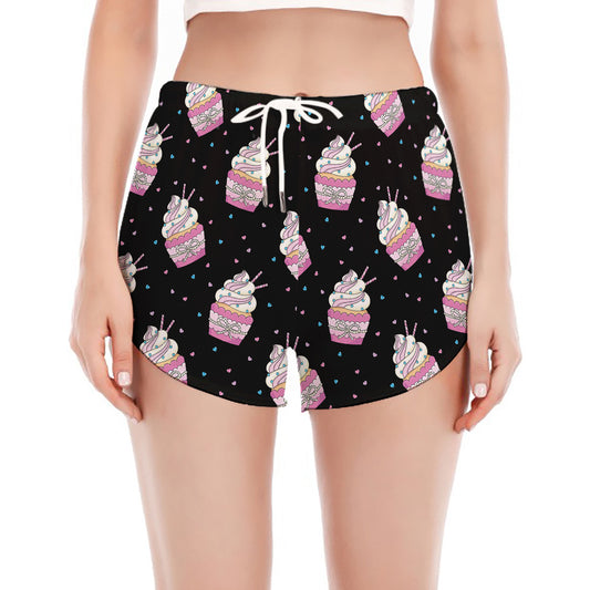 Pink Cupcake Pattern Print Women's Split Running Shorts