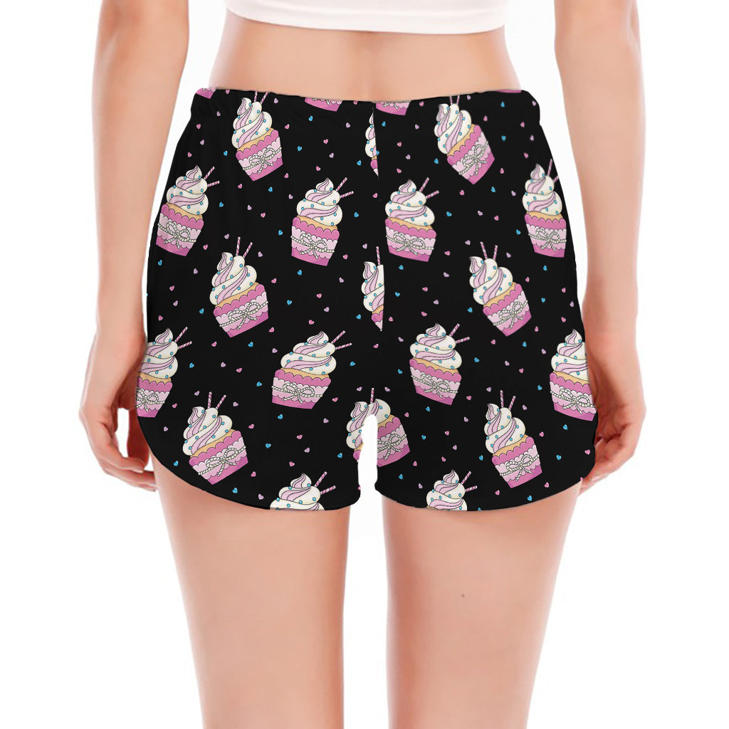 Pink Cupcake Pattern Print Women's Split Running Shorts