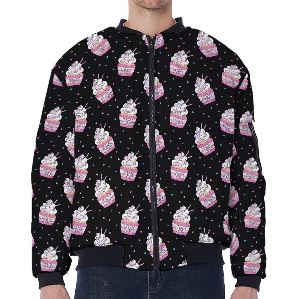 Pink Cupcake Pattern Print Zip Sleeve Bomber Jacket