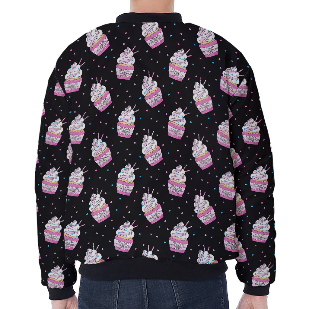 Pink Cupcake Pattern Print Zip Sleeve Bomber Jacket