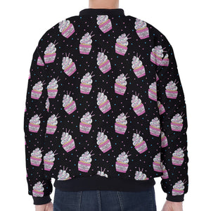 Pink Cupcake Pattern Print Zip Sleeve Bomber Jacket