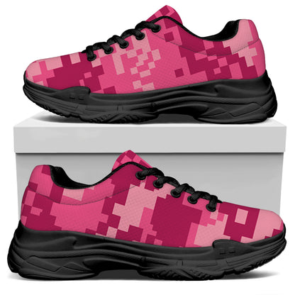 Pink Digital Camo Pattern Print Black Chunky Shoes