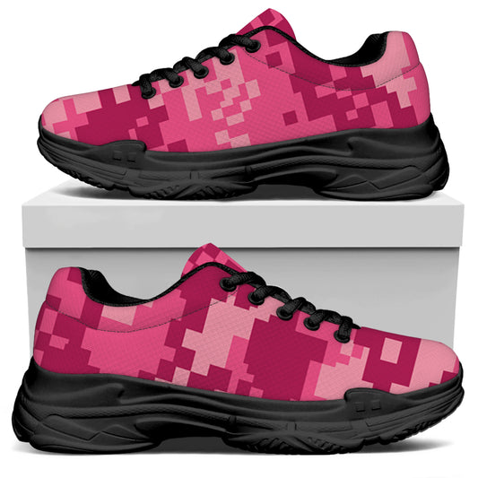 Pink Digital Camo Pattern Print Black Chunky Shoes