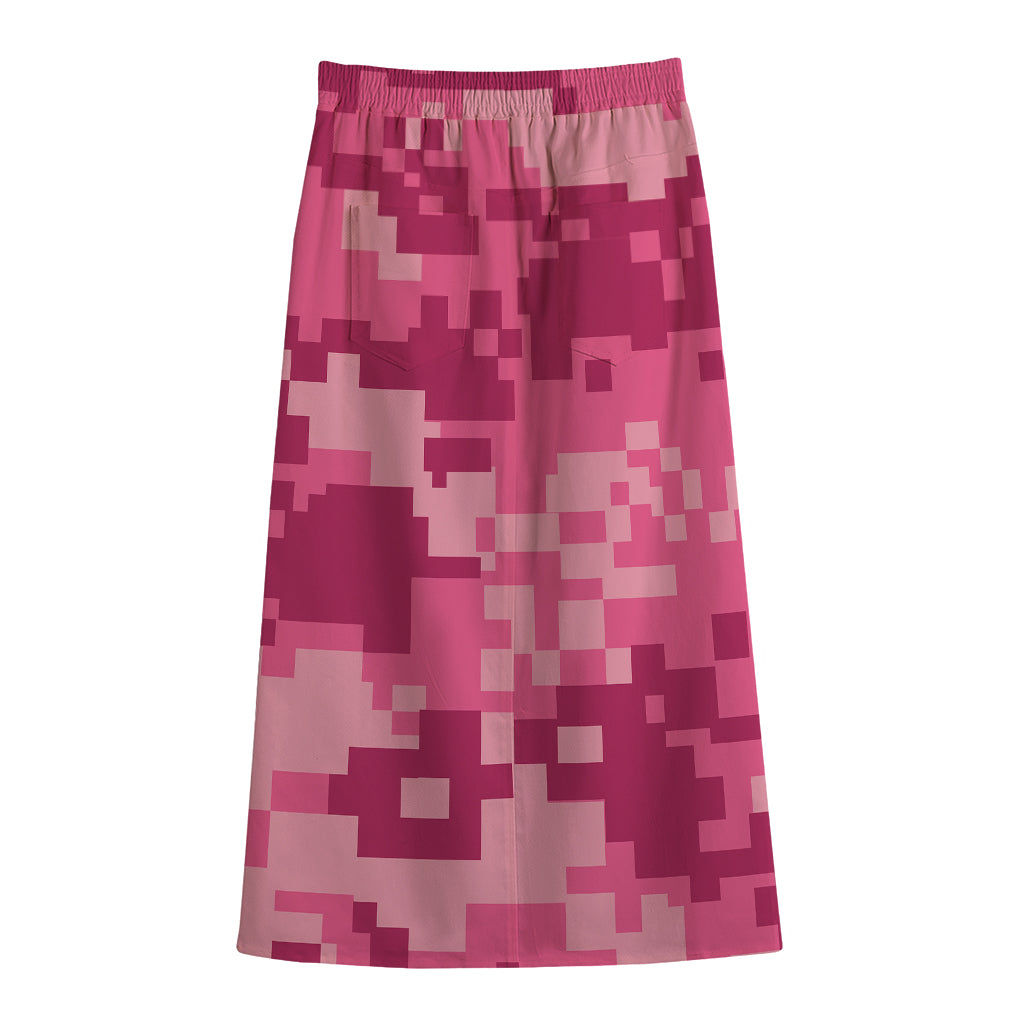 Pink Digital Camo Pattern Print Cotton Front Slit Maxi Skirt