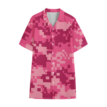 Pink Digital Camo Pattern Print Cotton Hawaiian Shirt