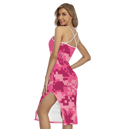 Pink Digital Camo Pattern Print Cross Back Cami Dress