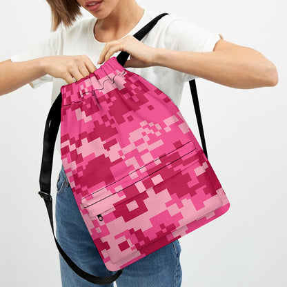 Pink Digital Camo Pattern Print Drawstring Backpack