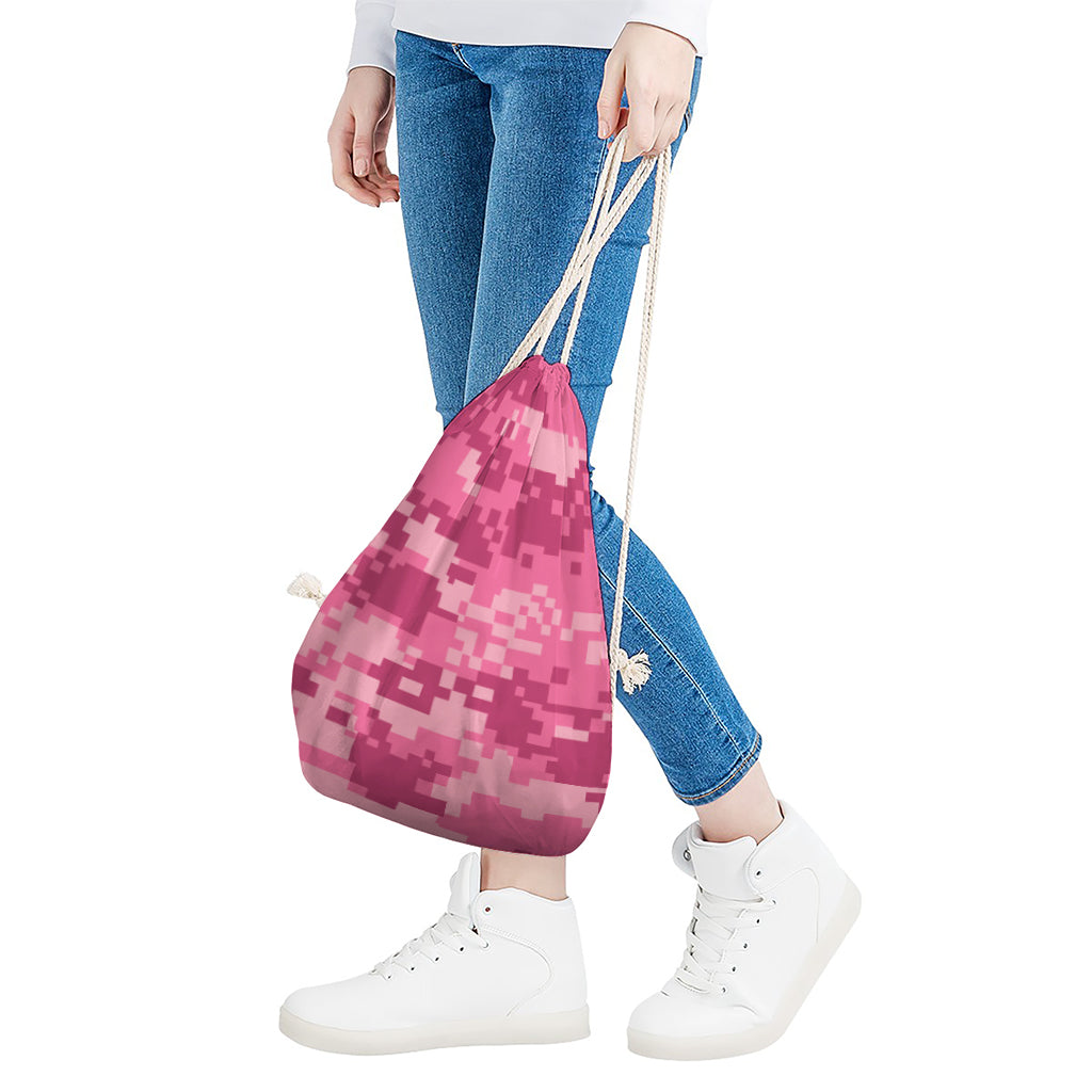 Pink Digital Camo Pattern Print Drawstring Bag