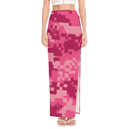 Pink Digital Camo Pattern Print High Slit Maxi Skirt