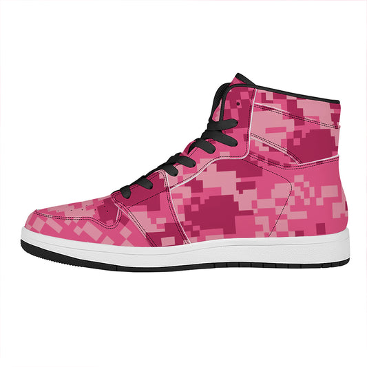 Pink Digital Camo Pattern Print High Top Leather Sneakers