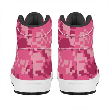 Pink Digital Camo Pattern Print High Top Leather Sneakers