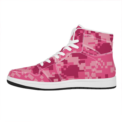 Pink Digital Camo Pattern Print High Top Leather Sneakers