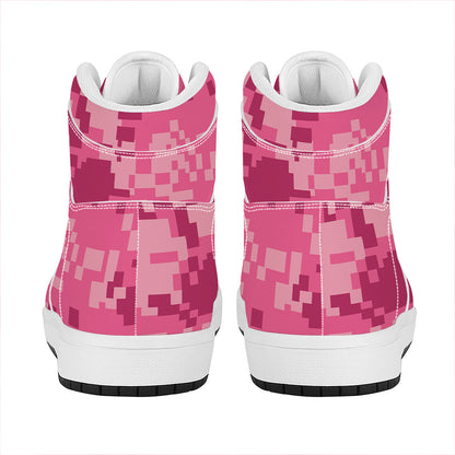 Pink Digital Camo Pattern Print High Top Leather Sneakers