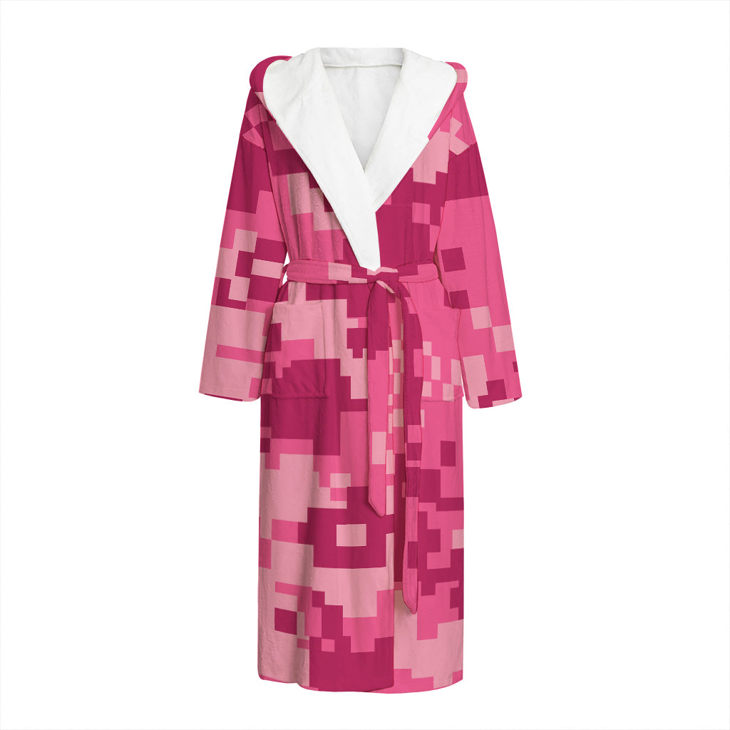Pink Digital Camo Pattern Print Hooded Bathrobe