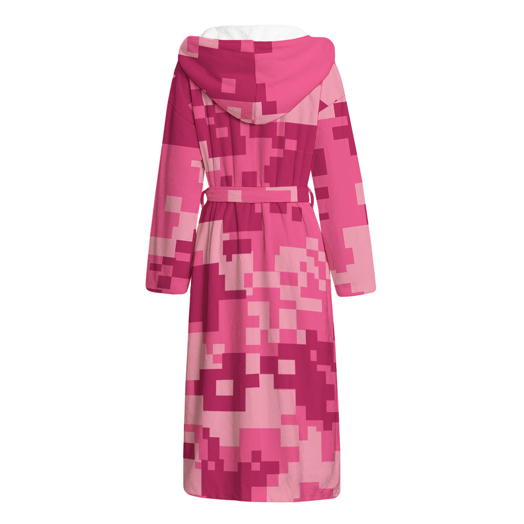 Pink Digital Camo Pattern Print Hooded Bathrobe