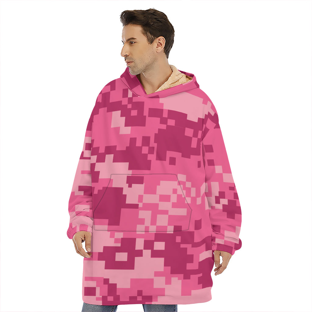 Pink Digital Camo Pattern Print Hoodie Blanket