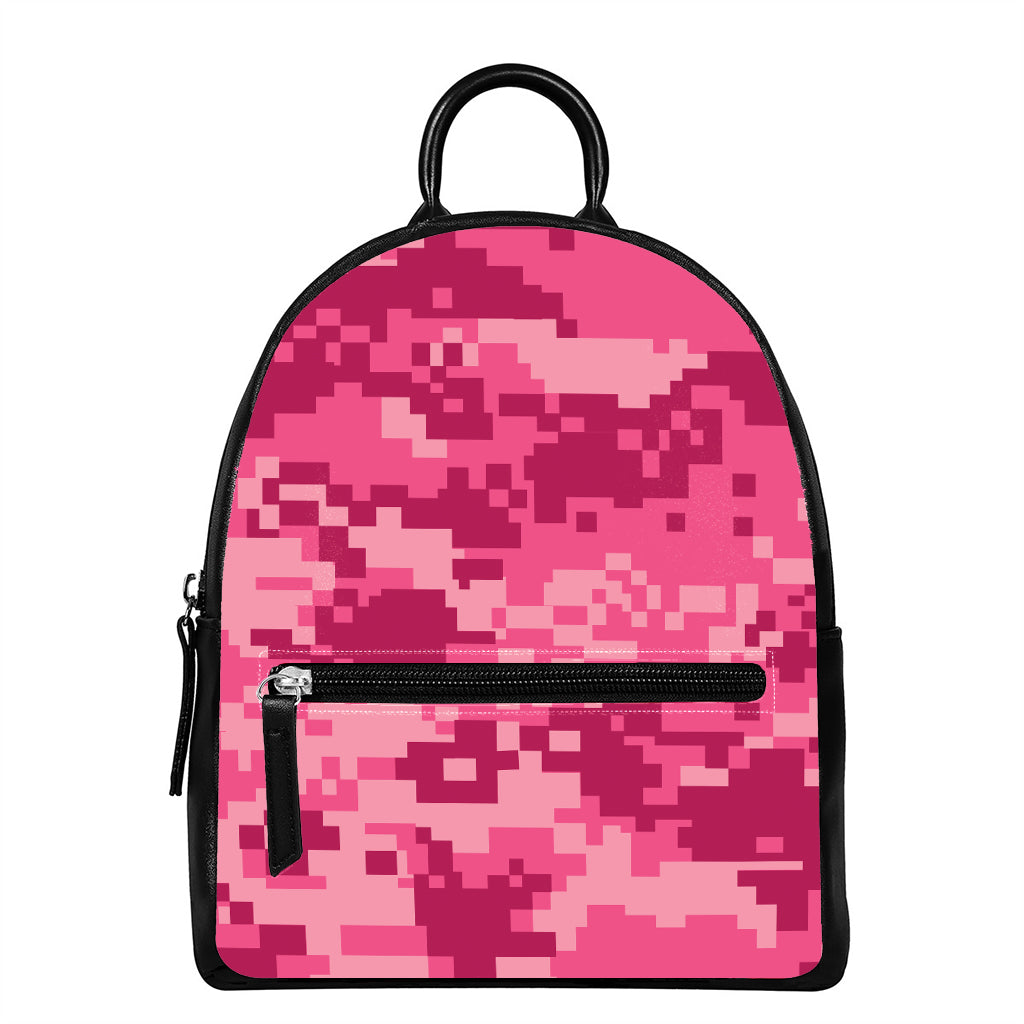 Pink Digital Camo Pattern Print Leather Backpack