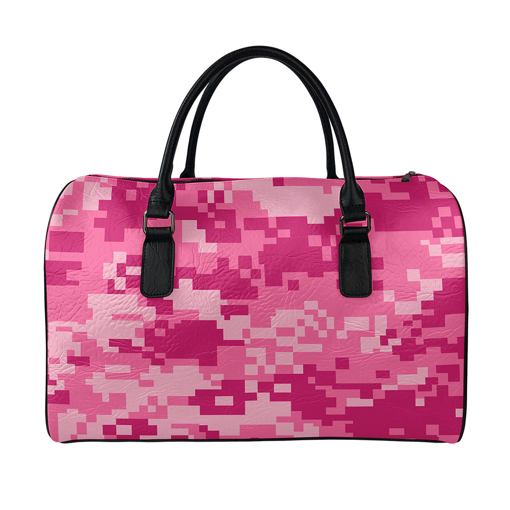 Pink Digital Camo Pattern Print Leather Duffle Bag