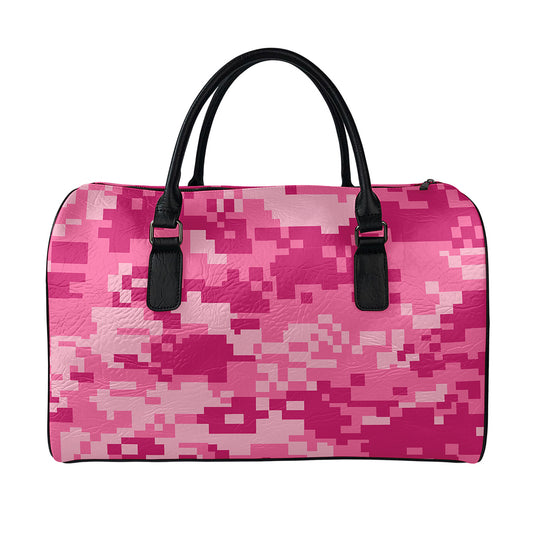Pink Digital Camo Pattern Print Leather Duffle Bag