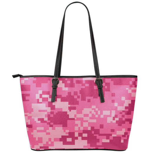 Pink Digital Camo Pattern Print Leather Tote Bag