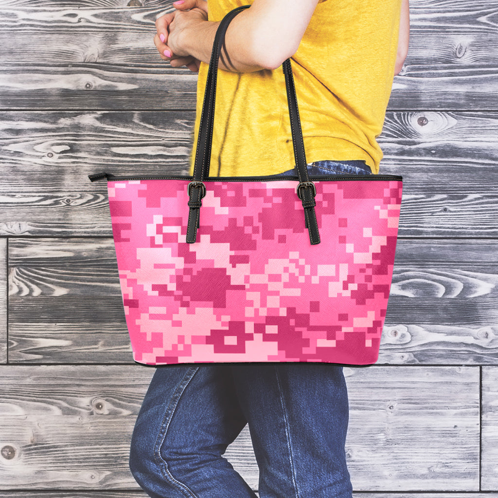 Pink Digital Camo Pattern Print Leather Tote Bag