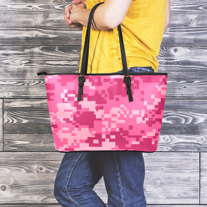 Pink Digital Camo Pattern Print Leather Tote Bag