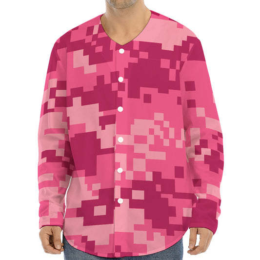 Pink Digital Camo Pattern Print Long Sleeve Baseball Jersey